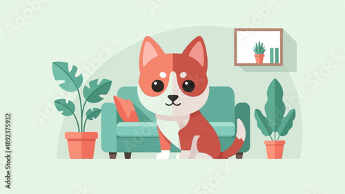 Cute dog sitting on a sofa surrounded by plants in a minimalist room