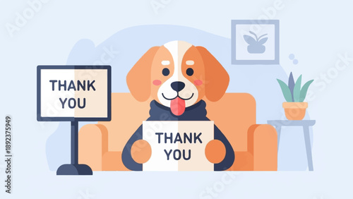 Cute dog on sofa holding "THANK YOU" sign, another sign displayed