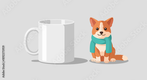 Cute dog in scarf next to a white coffee mug on gray background