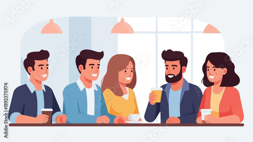 Diverse group of friends enjoying beverages together at a cafe