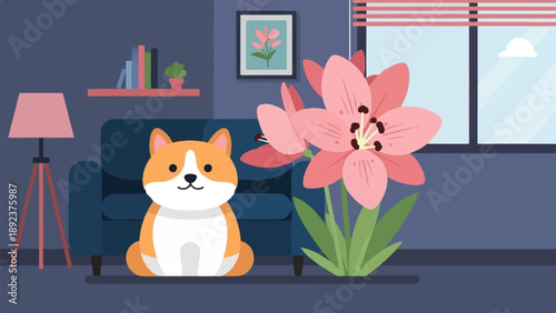 Cute corgi sits by a chair near flowers and a window