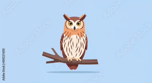 Cute cartoon owl with bright yellow eyes sits on a brown tree branch