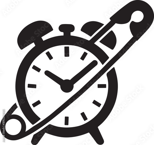 Clock pierced by a safety pin, solid silhouette icon symbolizing urgent intervention and timing.