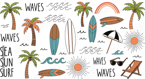 Beach and surf flat vector illustration set with palm trees, surfboards, waves, sun, sunglasses, beach chair,