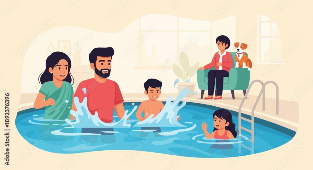 Obraz premium Family enjoys a refreshing dip in the pool on a warm day