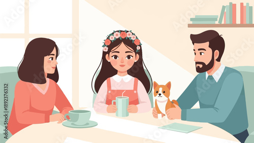 Family enjoys a warm gathering with a pet at a table near a window