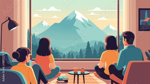 Family enjoys a scenic mountain view from inside their cozy home