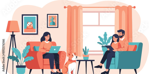 Family relaxing at home with pets and technology