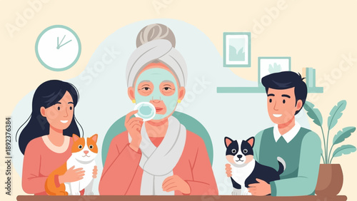 Family enjoys a relaxing spa day at home with pets