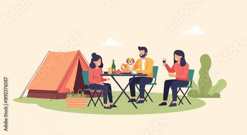 Family enjoys a picnic with their dog beside a tent, under the sky