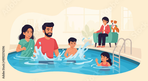 Family enjoys a refreshing dip in the pool on a warm day