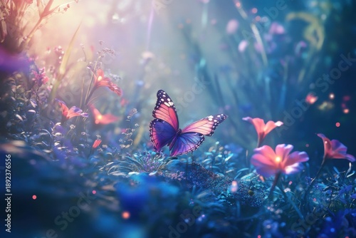 Colorful butterfly gracefully flutters among vibrant flowers in a surreal garden setting