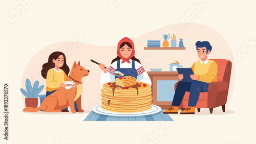 Family enjoying pancakes, dog, and tablet time indoors