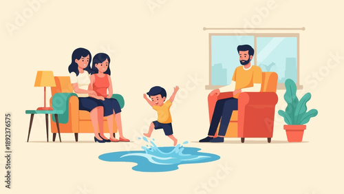 Family enjoying splashing in a puddle indoors on a cozy day