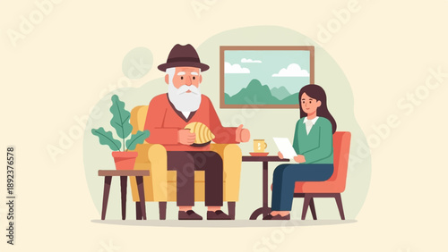Elderly man with white beard in hat and orange sweater, talking to a younger woman