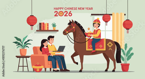 Family celebrates Lunar New Year 2026 at home with a horse rider