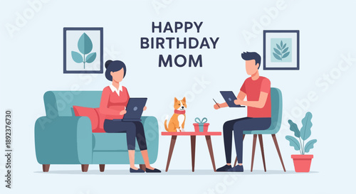 Family celebrating mom's birthday indoors with a dog, gifts, and technology