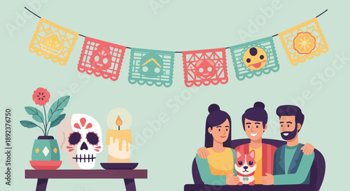 Family celebrates a festive occasion with traditional decorations and a pet