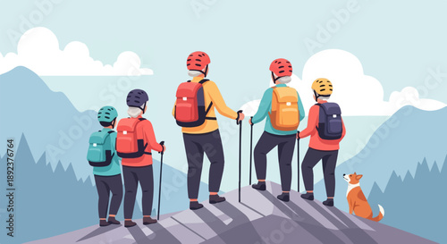 Elderly hikers with backpacks and poles stand on a mountain, dog sits nearby