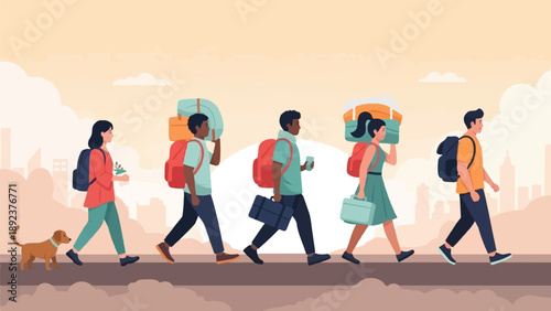 Diverse group of people and dog carrying luggage for travel