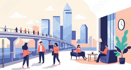 Diverse people in a modern city with elevated walkways and indoor seating areas