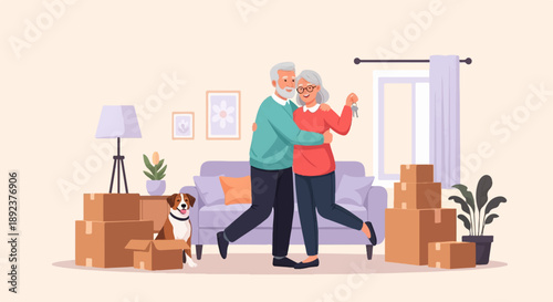 Elderly couple embracing happily with dog and moving boxes in a new home