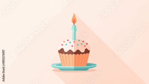 Flat design cupcake with a single lit candle on a light pastel background