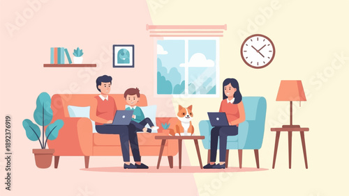 Family and dog working on laptops at home