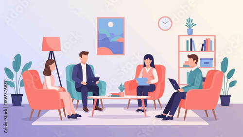 Diverse people in a modern office setting engage in discussion and work