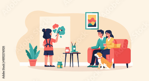 Family watches child paint, dog sits patiently nearby on floor