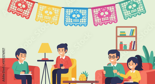 Diverse people in cozy room with skull garland, a pineapple