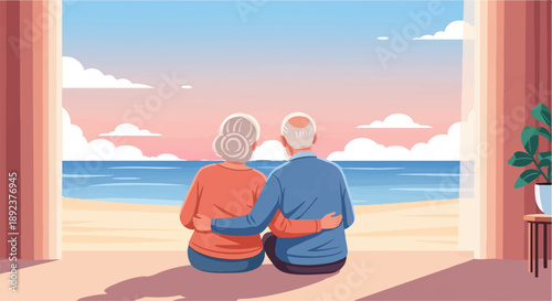 Elderly couple embraces on a beach at sunset, looking at ocean