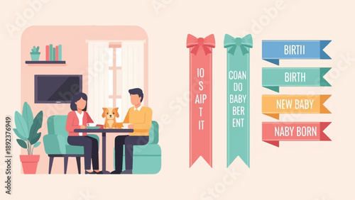 Family and dog sit at a table with birth-themed ribbons