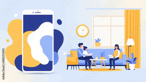 Family using devices and learning together in a modern living room