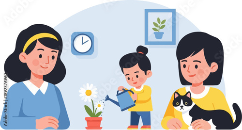 Family watering plant and holding cat in a cozy indoor scene