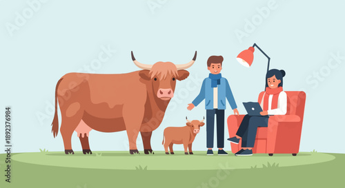 Family with cows on green grass, one person working on laptop
