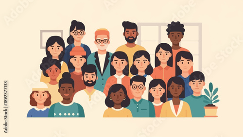 Diverse group of people gathered, smiling and looking forward