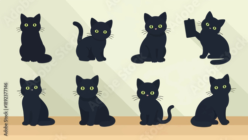 Eight black cats with green eyes in various poses on a neutral background