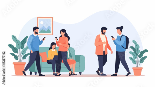 Diverse people interacting with technology in a modern indoor setting