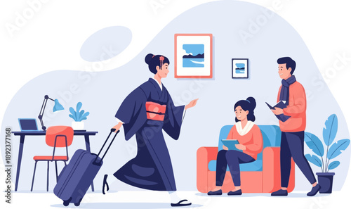 Diverse group of people in a home office and living area