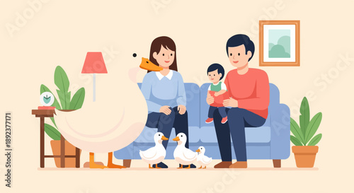 Family with ducks in living room