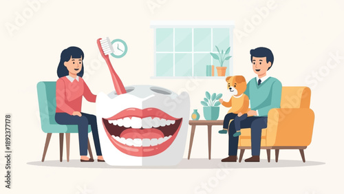 Family and dog practice dental hygiene with a giant mouth prop