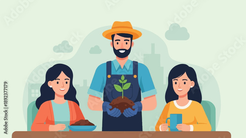 Diverse people planting a small seedling together in a city setting