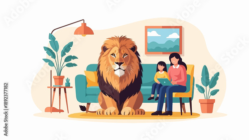 Family with lion in living room
