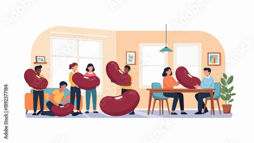 Diverse group of people interact with giant kidney beans in a cozy indoor setting
