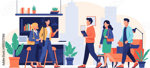 Diverse group of people in a modern office or shared workspace setting