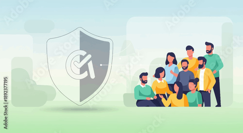 Diverse group of people looking at a shield with a checkmark symbol