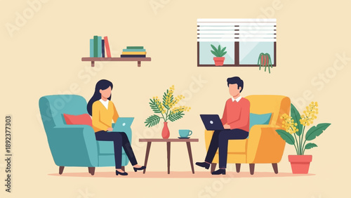 Diverse people work on laptops in cozy home setting with plants