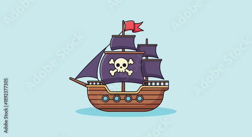 Cartoon Pirate Ship with Jolly Roger Flag