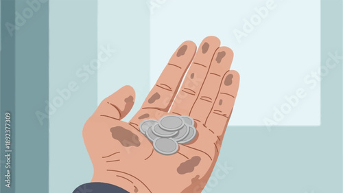 Dirty hand holding a small pile of coins against a backdrop of muted vertical stripes